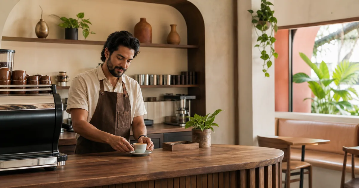 Independent Miami coffee shop owner serving espresso behind a warm wood counter