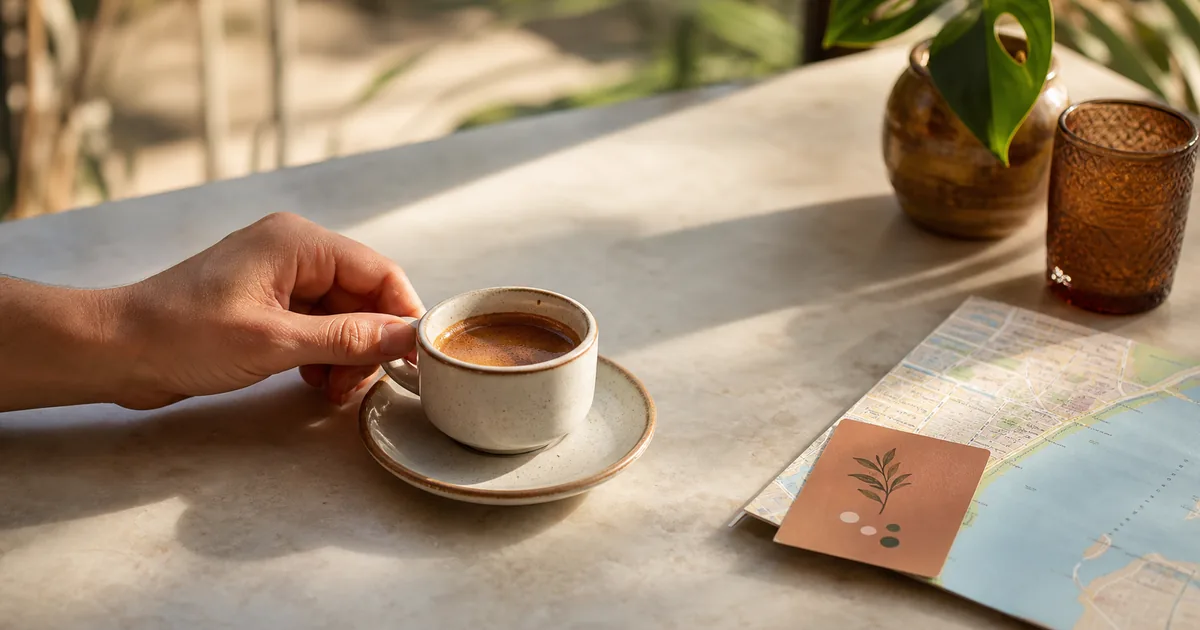 Espresso beside a Miami neighborhood map during a local coffee shop visit